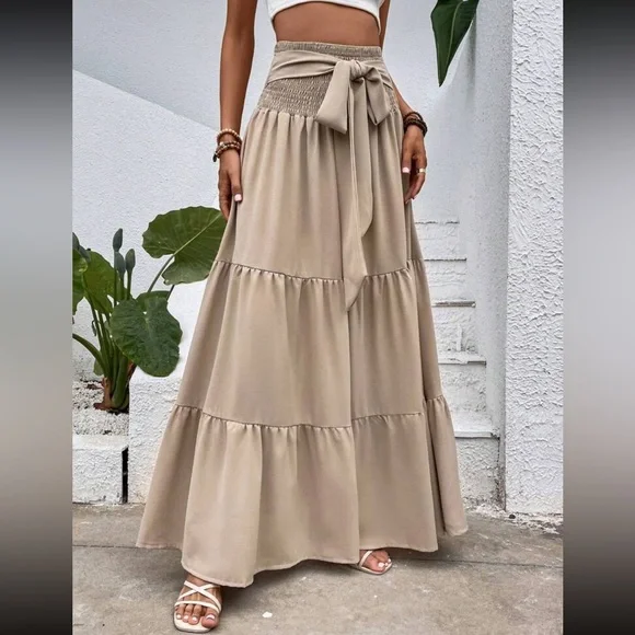 Boho Tan Frill Hem Skirt Boho Tie Waist Ruffle Hem Maxi Skirt